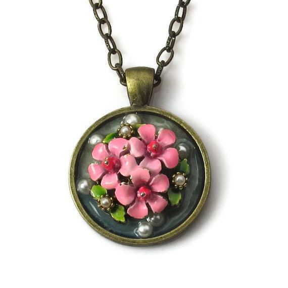 Pink Flower Pendant, Upcycled Jewelry