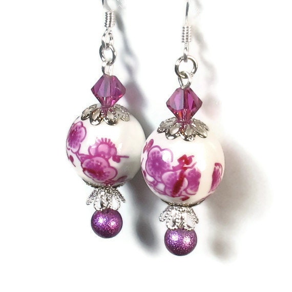Fuchsia Earrings, Bead Dangle Earrings