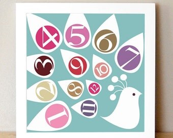 Numbers Nursery Art - 'The Counting Peacock' 10x10 Numbers Print