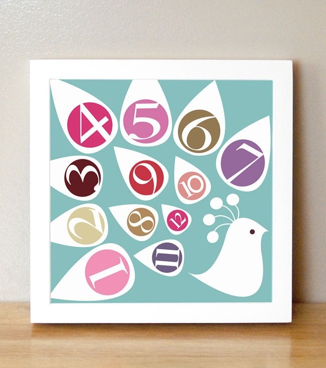 Numbers Nursery Art - 'The Counting Peacock' 10x10 Numbers Print