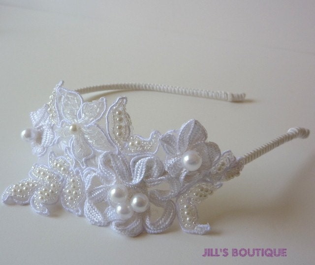 Bridal Headband Delicate White Beaded Silk Headband for Women and Teens Handmade by Jill's Boutique