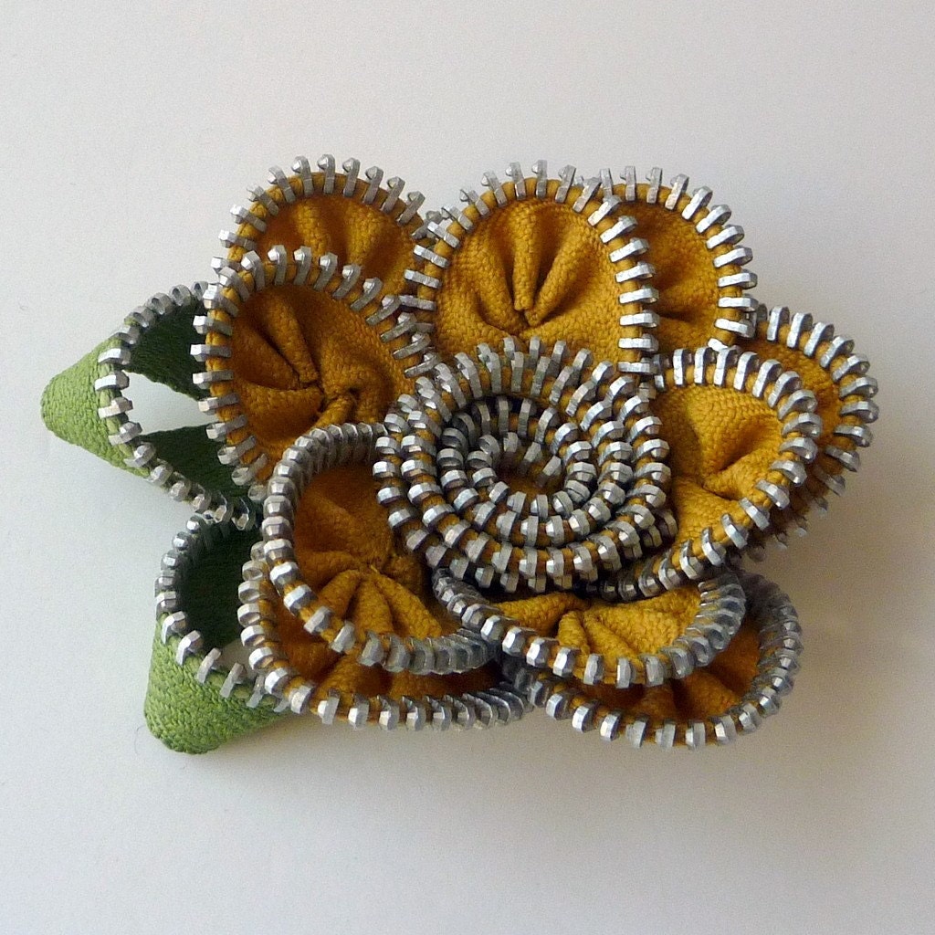Zipper Rose Pin Mustard Yellow  Ochre Zipper Rose Brooch Hairclip Pin by Jills Boutique