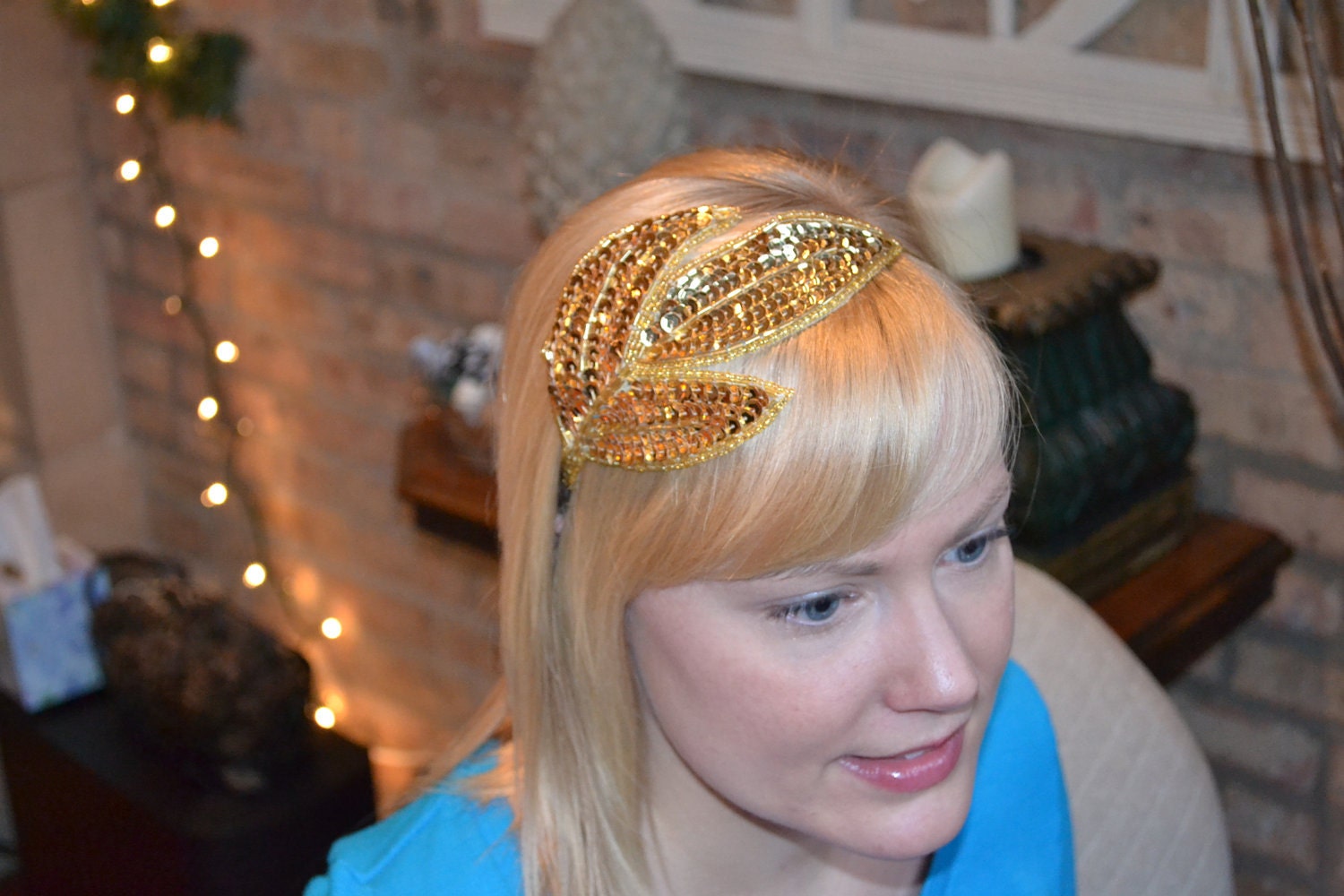 Gold Beaded Sequin Leaf Headband for Women and Teens Handmade by Jills Boutique