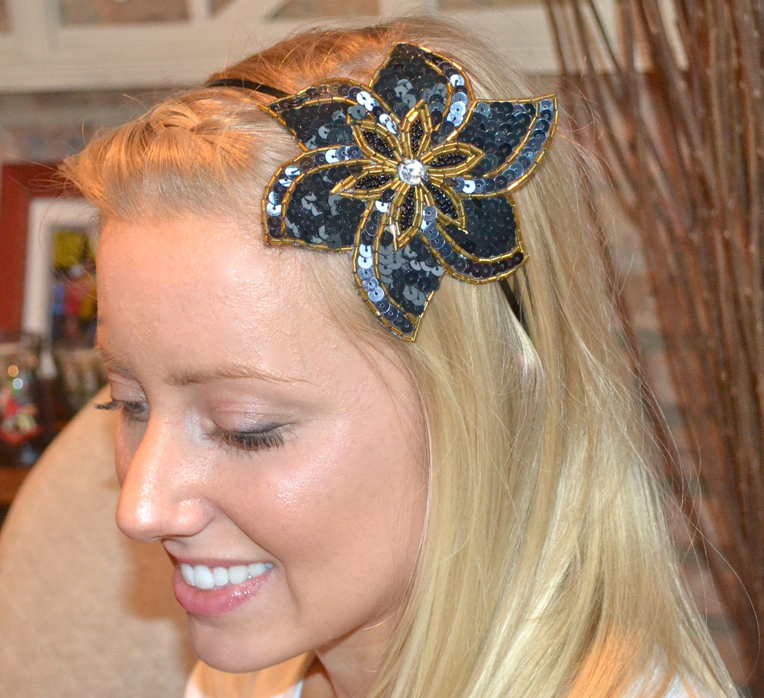 Sale-Black Gold Headband Gunmetal Beaded Tropical Flower Headband for Women and Teens by Jill's Boutique