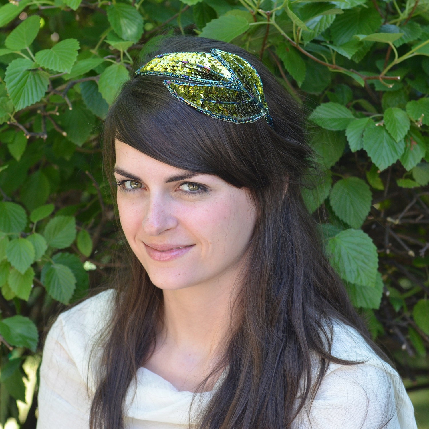 Olive Green and Midnight Blue Beaded Sequin Leaf Headband for Women and Teens Handmade by Jills Boutique