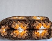 Granny Square Afghan Blanket in brown, camel, mustard and white