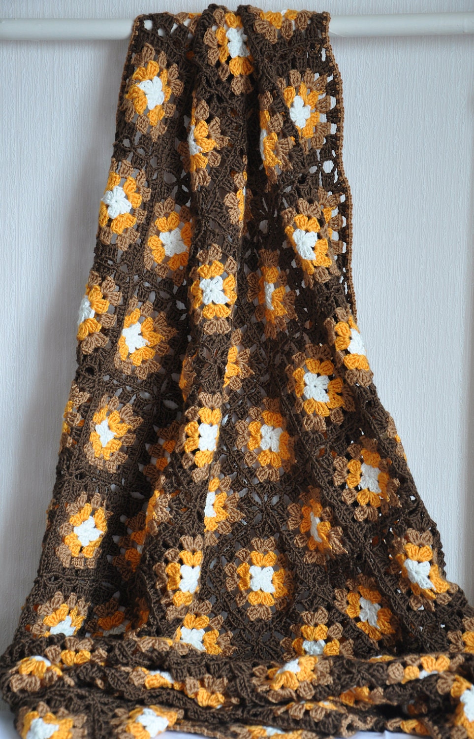 Granny Square Afghan Blanket - Hand Crocheted in brown, camel, mustard and white