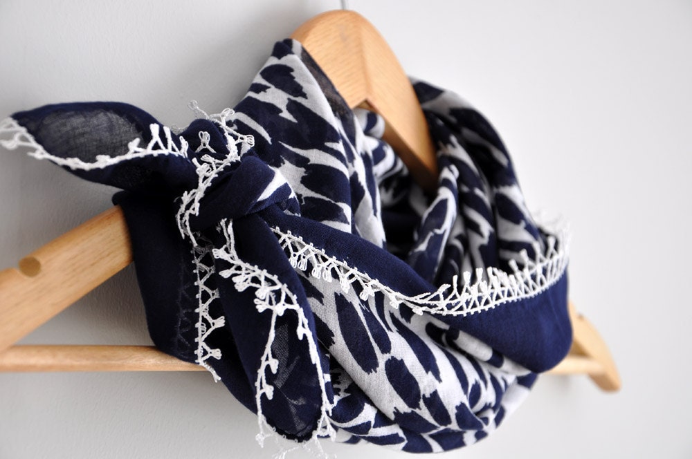 Navy Blue Floral Fabric Scarf with lace, lacework, oya - Cotton neckwarmer, cowl, necktie