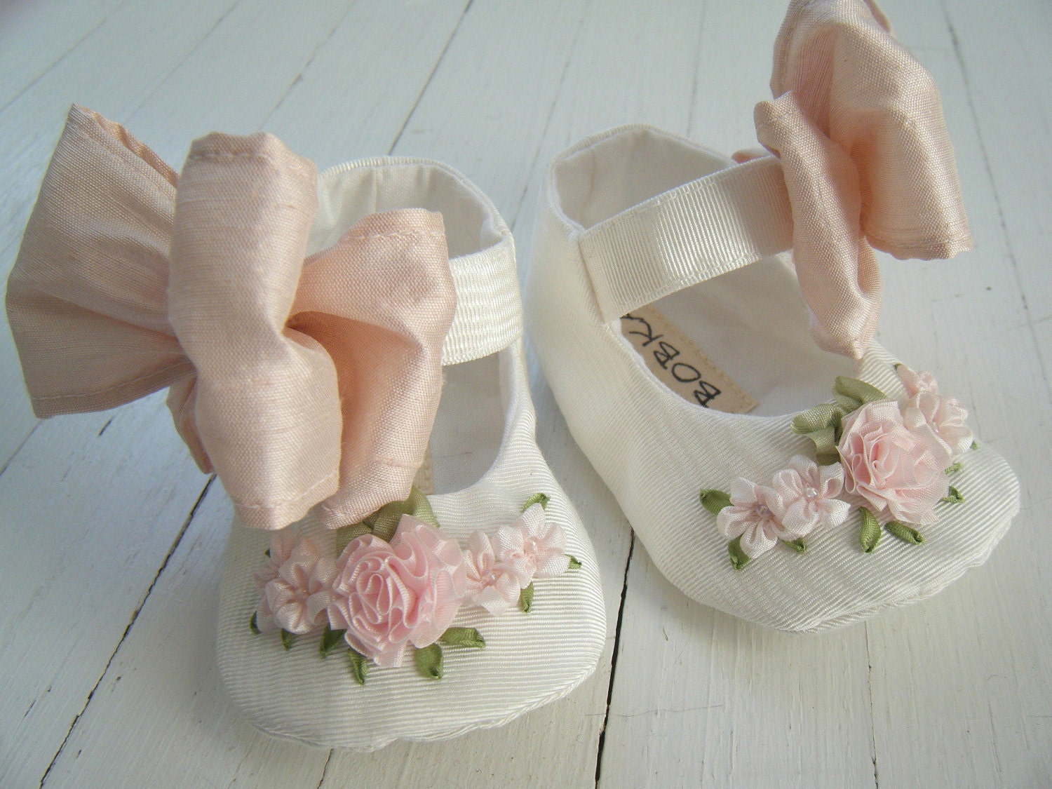 Mary Jane Shoes, Baby Girl Shoes, Antique White Vintage Taffeta, Pink SIlk Bow,Toddler Shoes, Flats, 'Katia' , Bobka Shoes by Bobka Baby