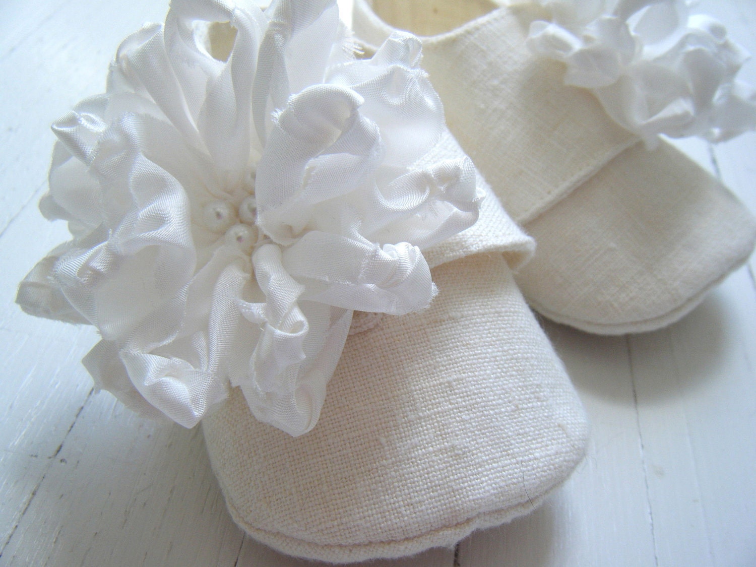 Organic Winter White Hemp Linen Shoe With Silk Flowers For Baby Girl