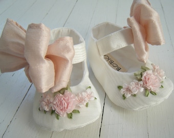 Mary Jane Shoes, Baby Girl Shoes, Antique White Vintage Taffeta, Pink SIlk Bow,Toddler Shoes, Flats, 'Katia' , Bobka Shoes by Bobka Baby