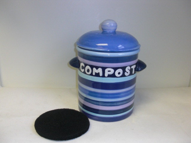 Shades of Blues and Purples Compost Canister with Charcoal Filter and Bright Blue Lid