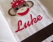 2 personalized burp cloths adorable sock monkey and red polka dots