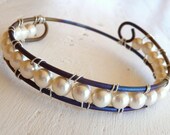 Titanium Bangle with Freshwater Pearls Wire Wrapped with Sterling Silver, Swirl, Oxidized Titanium Armband