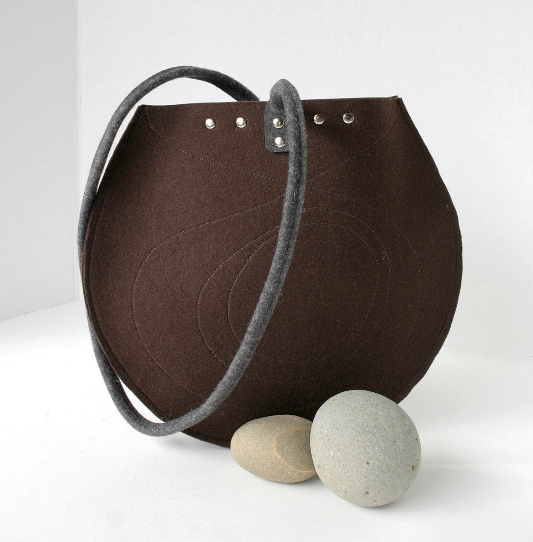Chocolate Brown and Gray Round Wool Felt Purse