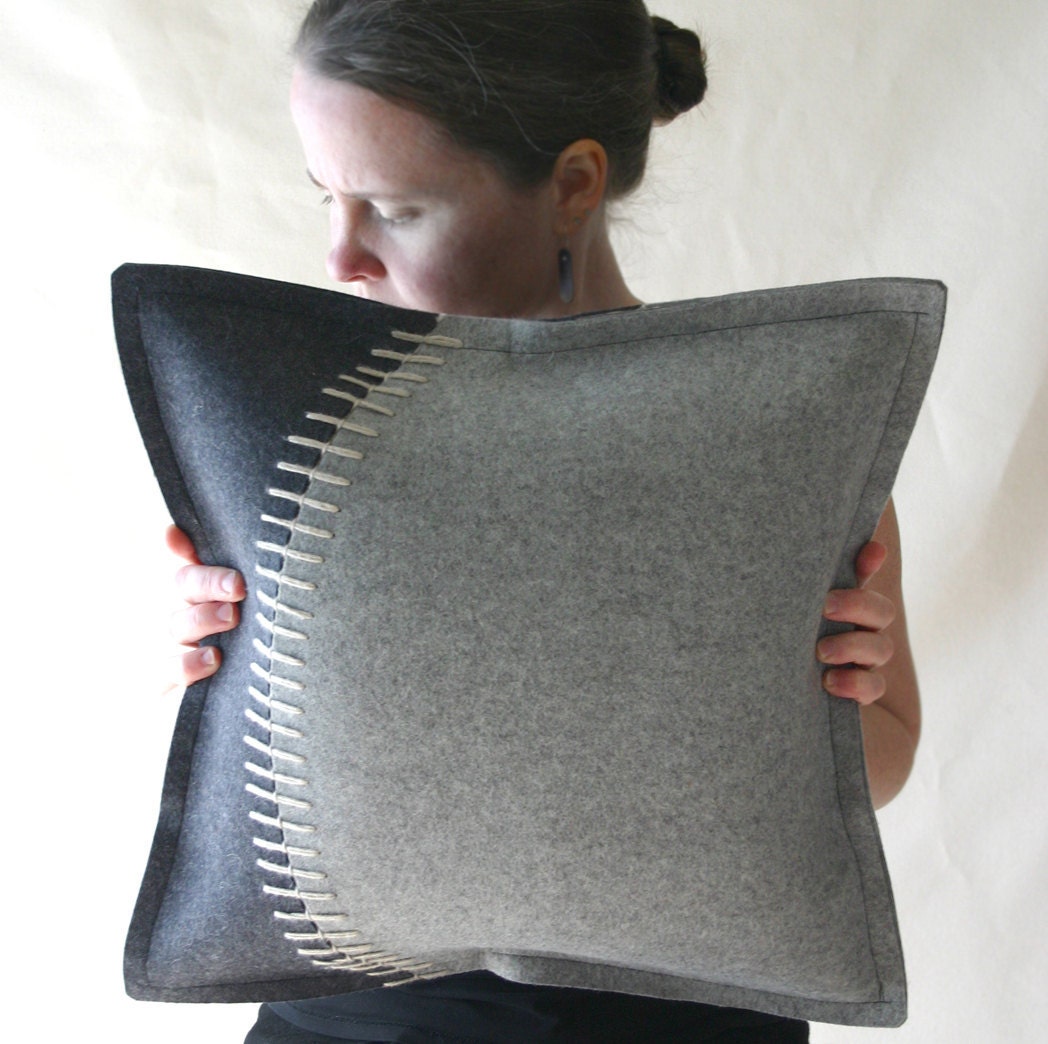 Decorative Felt Pillow in Two Grays Merino Wool with Cream Top Stitching