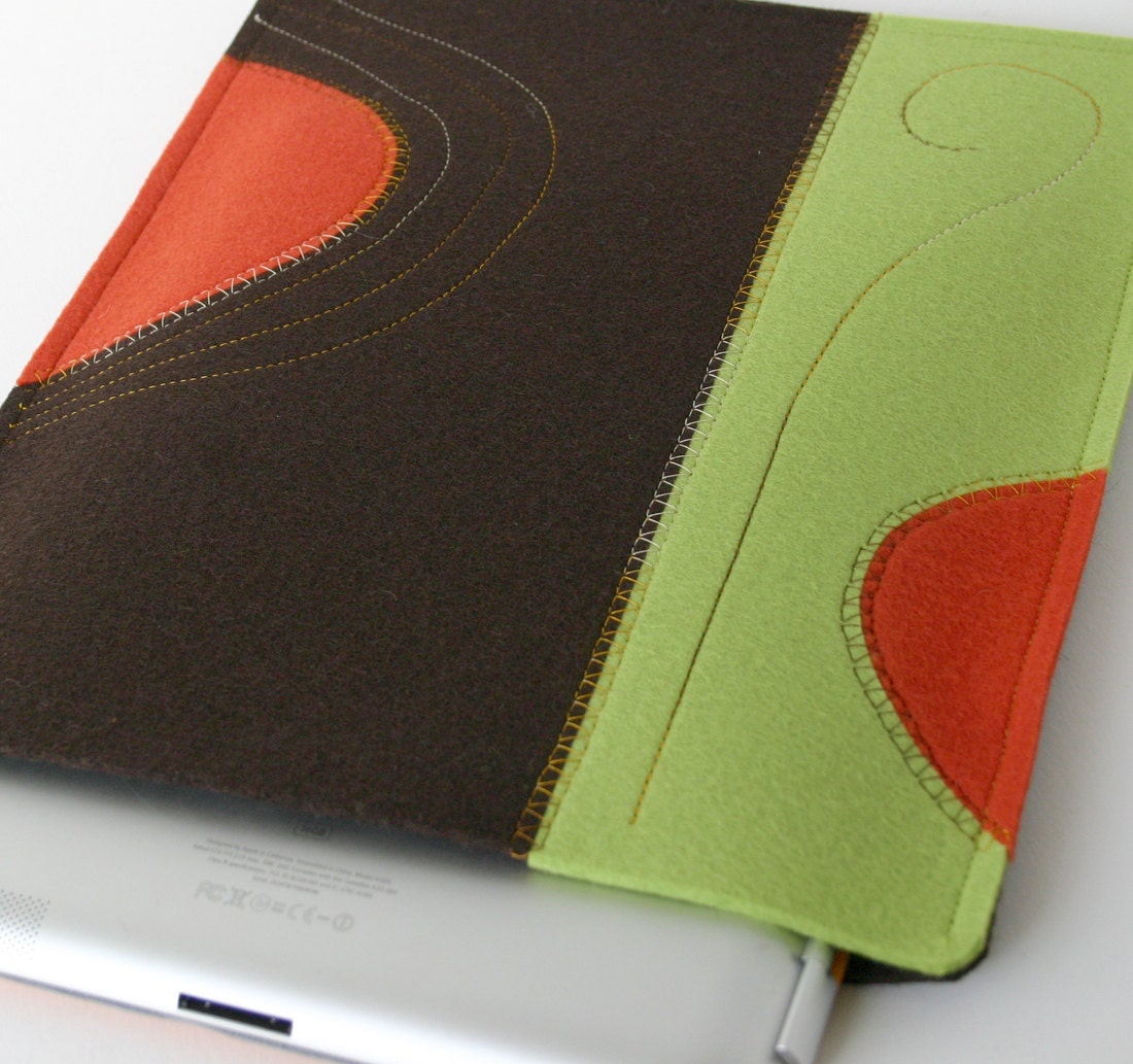Felt Ipad Mini Sleeve in Merino Wool Chocolate Brown and Green