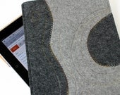 Felt Ipad Sleeve in Merino Wool Charcoal and Gray with Yellow and Brown Embroidery