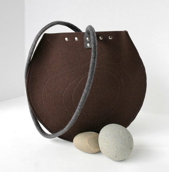 Chocolate Brown and Gray Round Wool Felt Purse