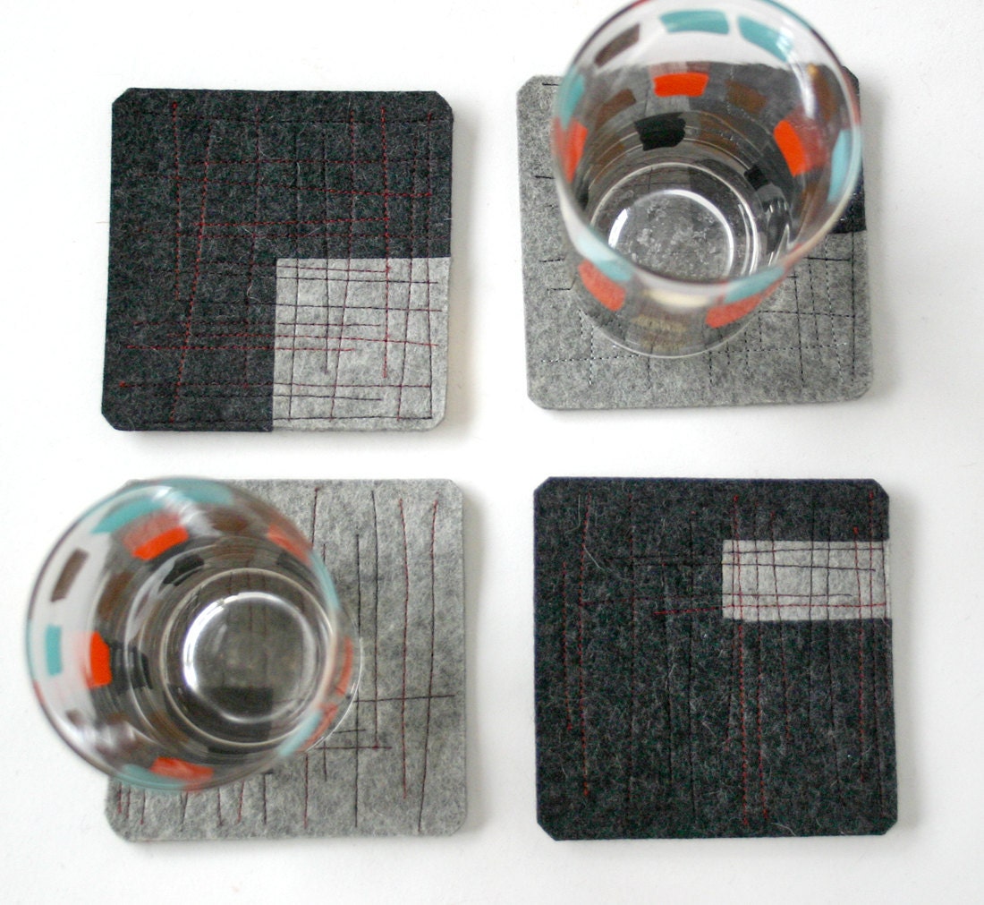 Felt Coasters in Gray and Charcoal Merino Wool with Red Top-Stitching