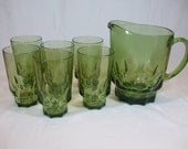 Vintage Avocado Green Glass Hazel Atlas Thumbprint Pitcher and Six Matching Glasses Set