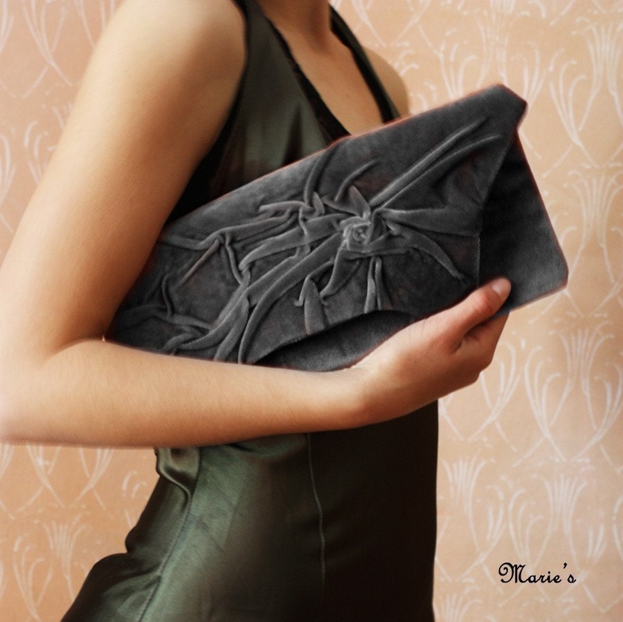 Grey Clutch Bag in Velvet plush..Love Bag...Unique Clutch Bags - MariesCorner
