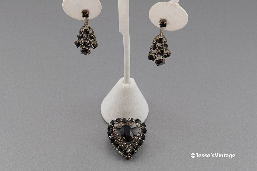 Czech Glass Demi Brooch & Earrings Black Jet Stones