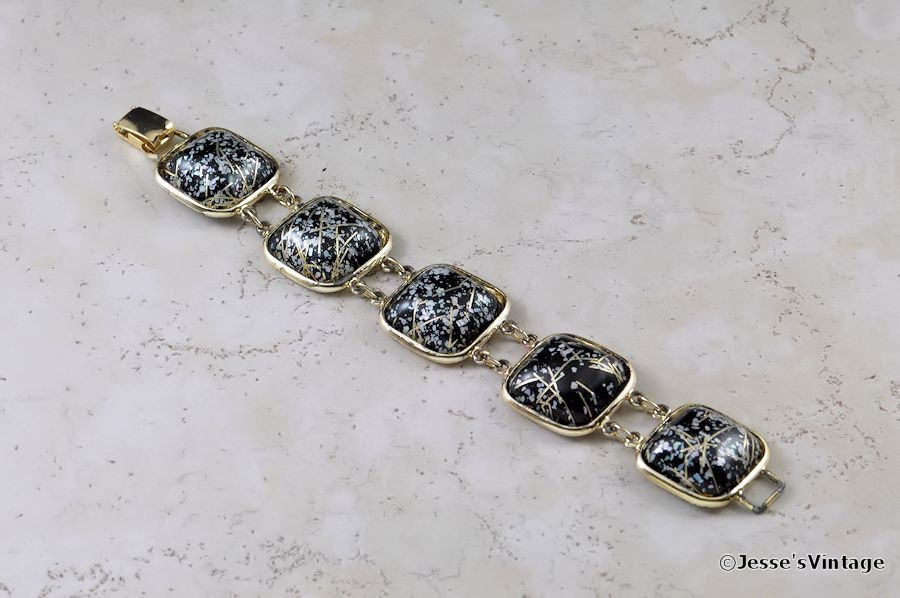 Chunky Bracelet Earrings Matched Set Gold Silver & Black