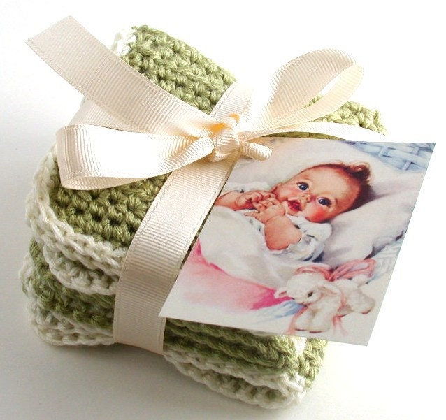 Bamboo Blend Crochet Baby Washcloth Set Green