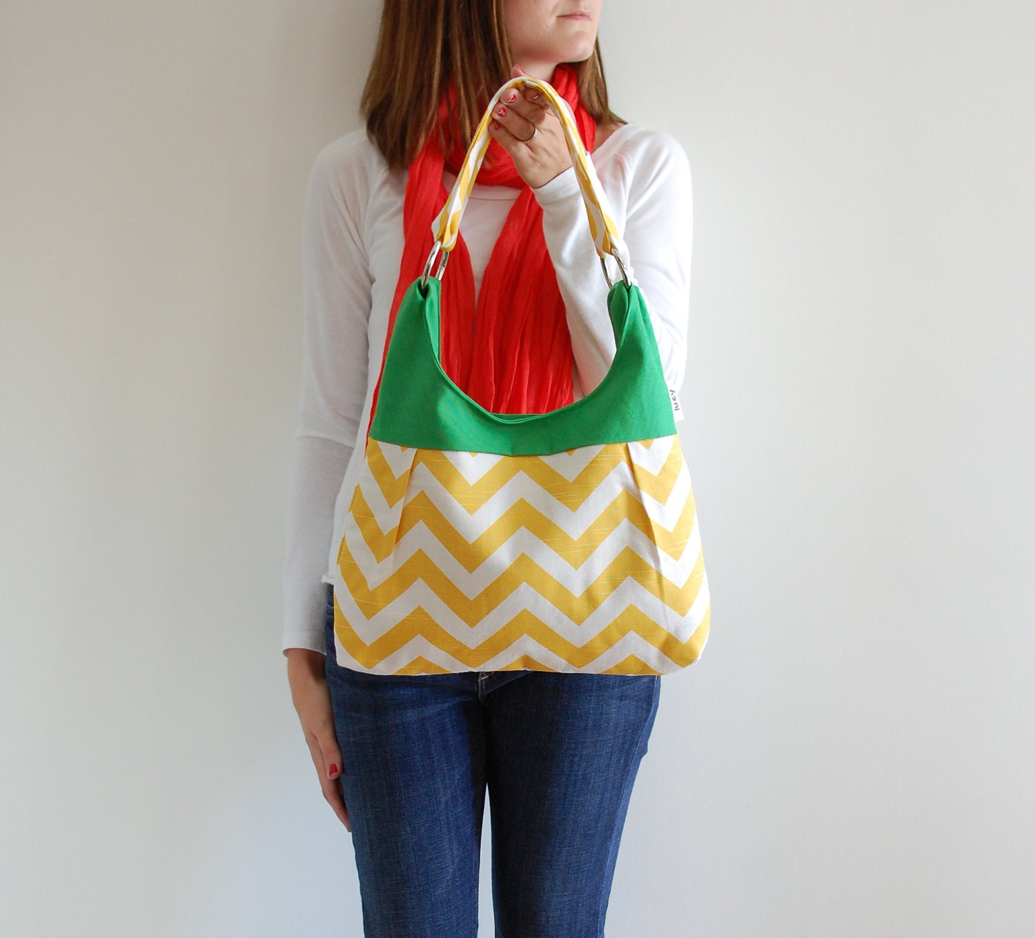 Yellow Chevron Medium Shoulder Purse with A Kelly Green Accent