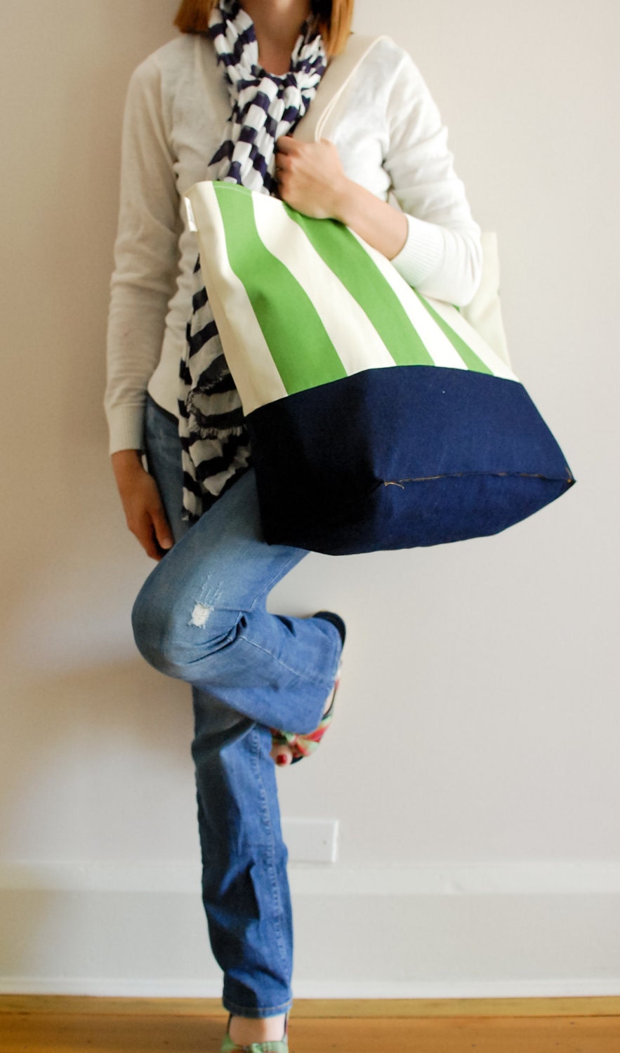 EXTRA Large Beach Bag // Tote in Green and Cream Stripes