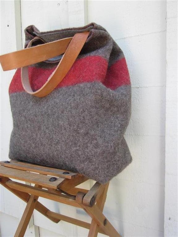 XL Swiss Army Wool Blanket Bag- personalized  Shopping Beach Picnic Tote- Taupe Grey Red -  Leather- Industrial Military Retro -Great gift