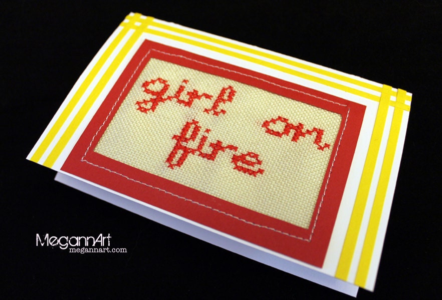 Cross Stitched "Girl on Fire" on White Card