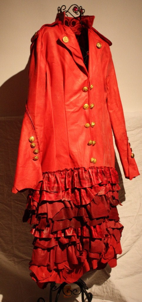 showdiva designs STUNNING Distressed Red Leather Military Inspired Coat Asymmetrical Ruffles Hints of Leopard
