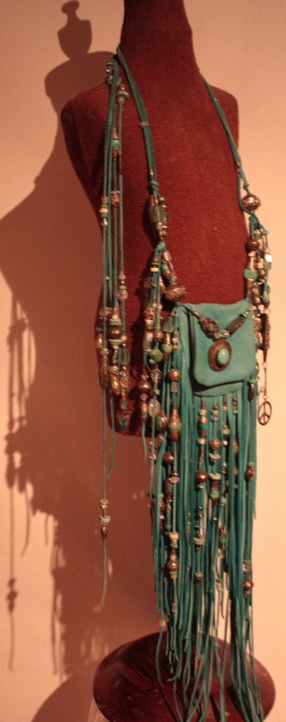 SOLD SpEciAL Order showdiva designs RoCknRoLL  Leather  Fringed Bag Purse Belt with Silver n Turquoise Beads