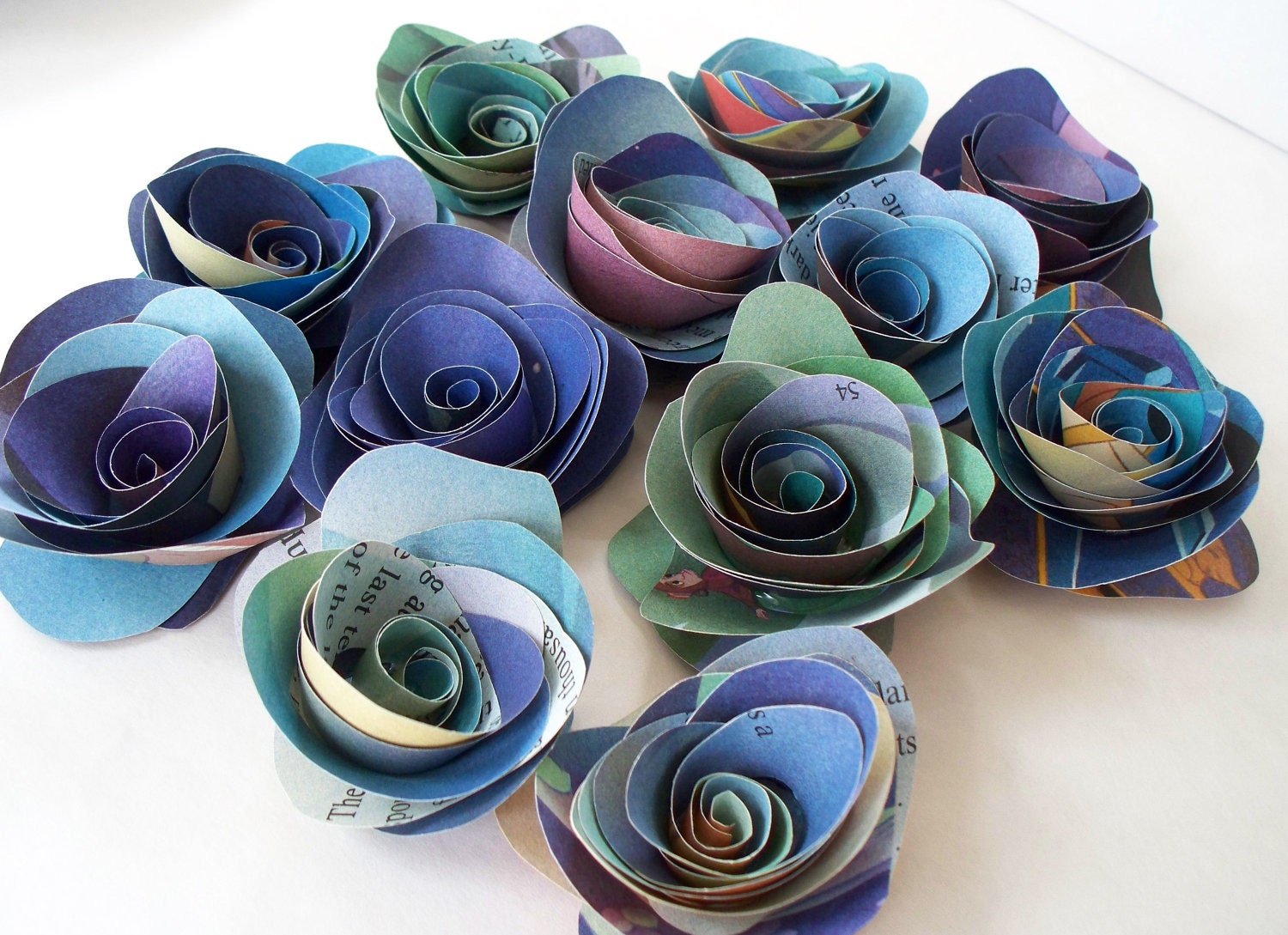 12 Large Paper Flowers made from Vintage Childrens Pages in Blue and Green