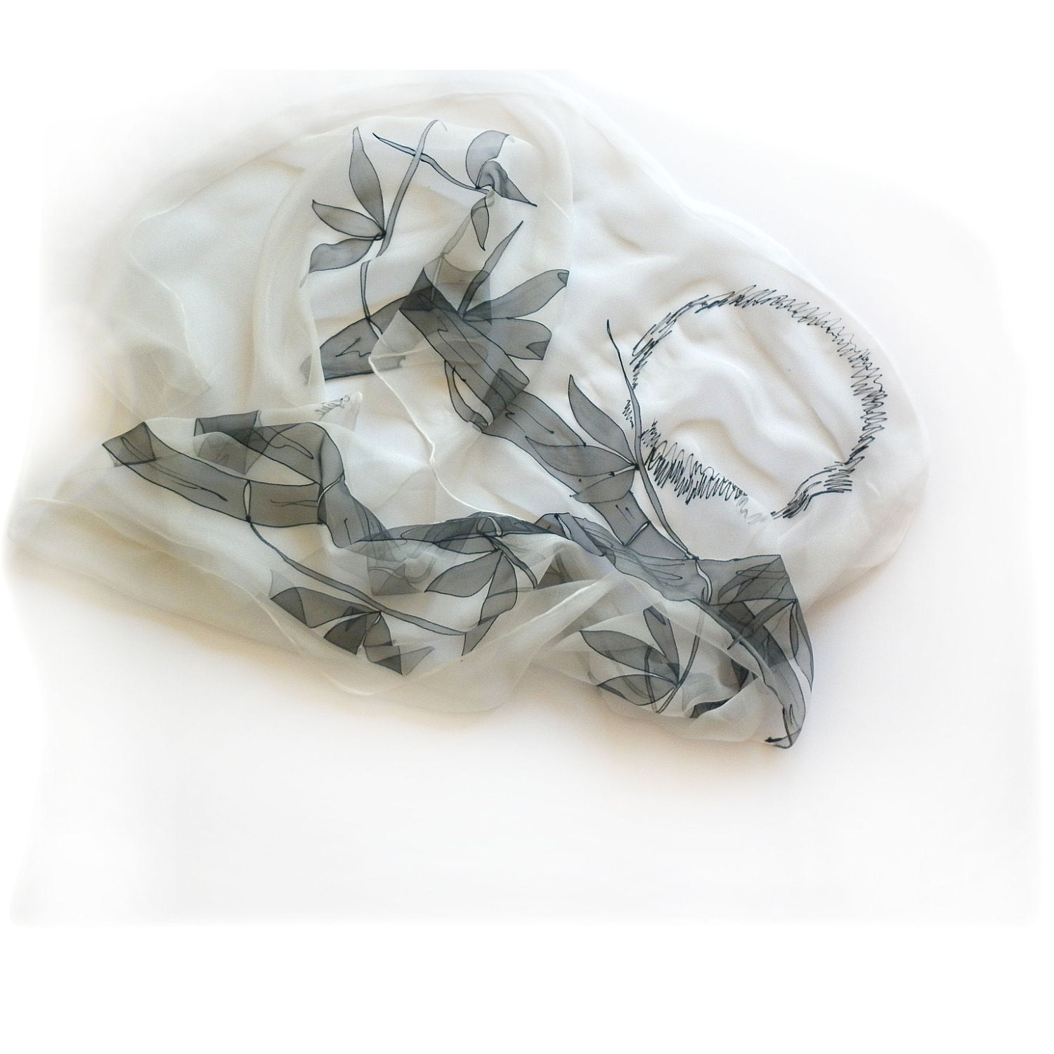 Hand Painted Silk Chiffon Long Scarf Bamboo Motifs Black and White - MKrisArt