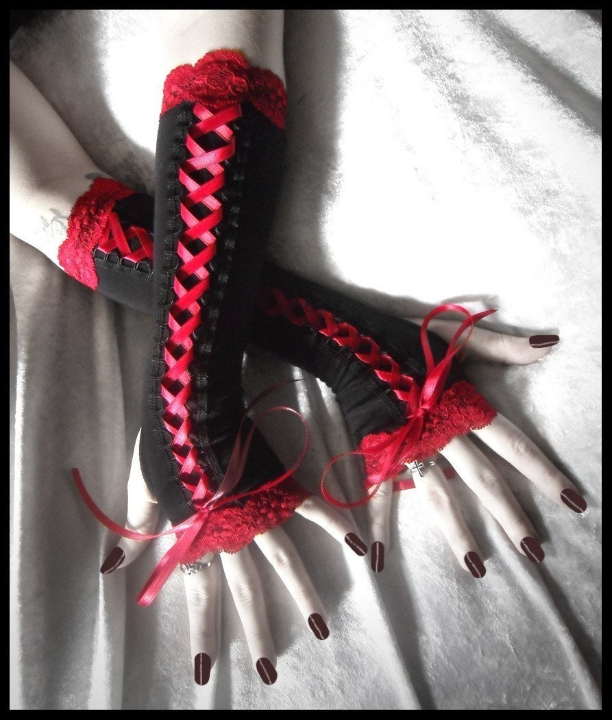 Memorare Victorian Corset Laced Up Arm Warmers - Black w/ Crimson Lace & Ribbon - Vampire Gothic Wedding Dark Tribal Burlesque Emo Romantic