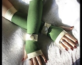 Sairina's Song Spat Arm Warmers - Olive Green w/ Warm Cream Wrist Strap & Vintage Silver Button - Steampunk Sweet Chic Military Noir