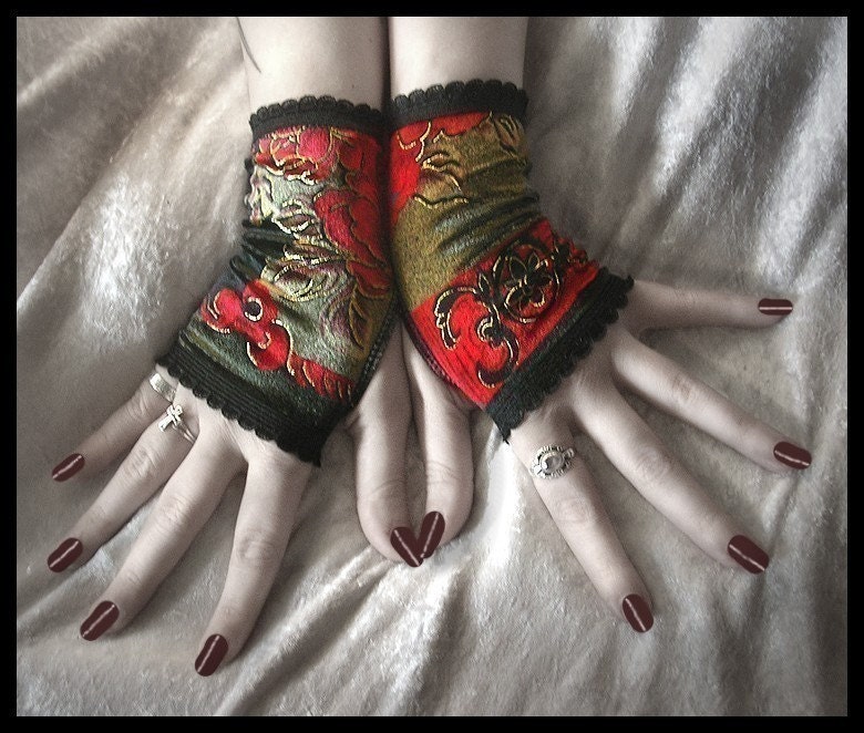 Rosegarden Funeral Velvet Fingerless Gloves - Black Red Silver Moss Brown w/ Gold Scroll & Flowers - Vampire Wedding Dark Fusion Bellydance