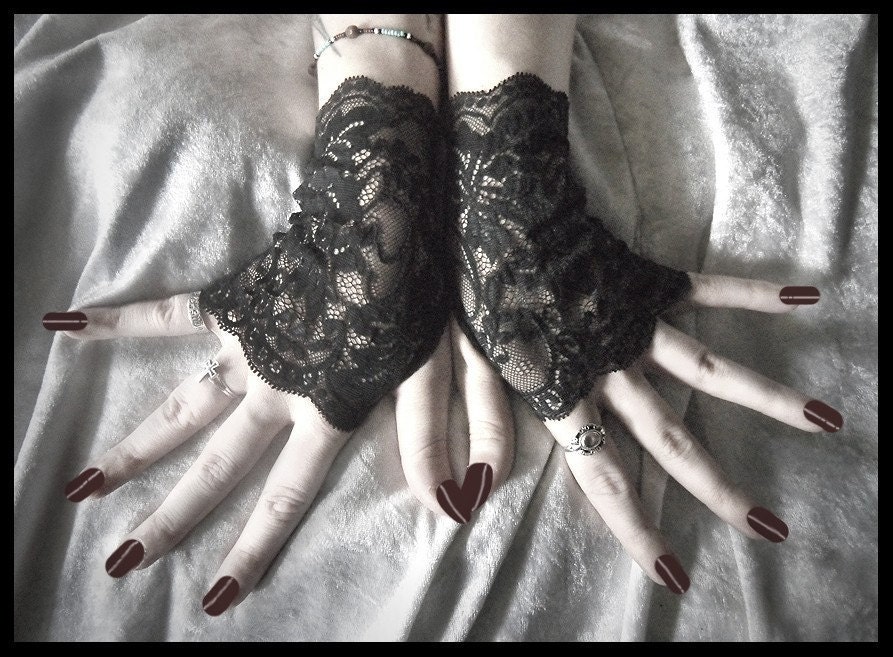 Nocturnal Supremacy Lace Fingerless Gloves - Black w/ Subtle Shiny Gunmetal Grey Floral - Gothic Vampire Lolita Wedding Goth Fetish Glam