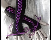 Twilight Restrained Corset Laced Up Arm Warmers - Black - Violet Purple Ribbon - Gothic Vampire Victorian Dark Bellydance Wedding Emo Goth