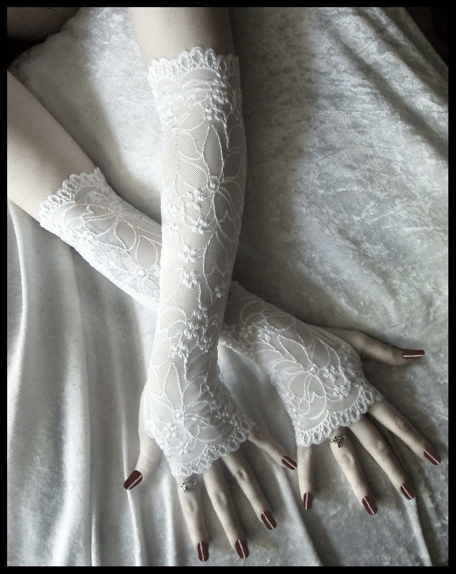 Vivianne Extra Long Arm Warmers - White Lace w/ Embroidered Floral Scalloped Sleeves - Romantic Vampire Chic Fetish Dark Fusion Opera Fairy
