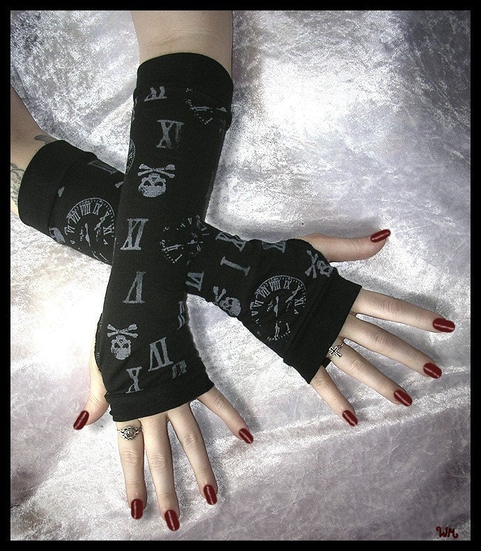 The End of Time Arm Warmers - Black - Grey Skulls Clocks Roman Numerals - Steampunk Lolita Gothic Vampire Noir Yoga Cycling Punk Emo Cyber