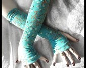 Tea Garden Arm Warmers - Turquoise Teal w/ Orange Cream Floral Blossoms - Gothic Belly Dance Bohemian Yoga Cycling Running Emo Light Goth