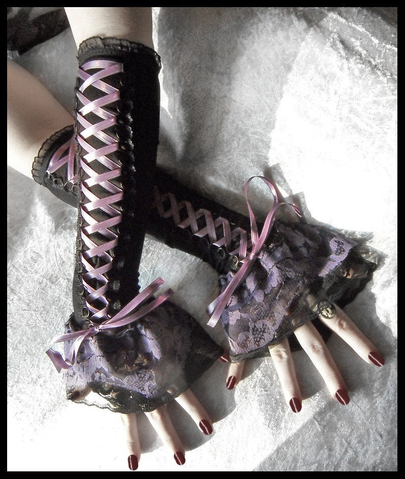 Demure Dolly Corset Laced Up Arm Warmers - Black - Silver Lavender Purple - Lace - Gothic Lolita Noir Wedding Belly Dance Dark Tribal Goth