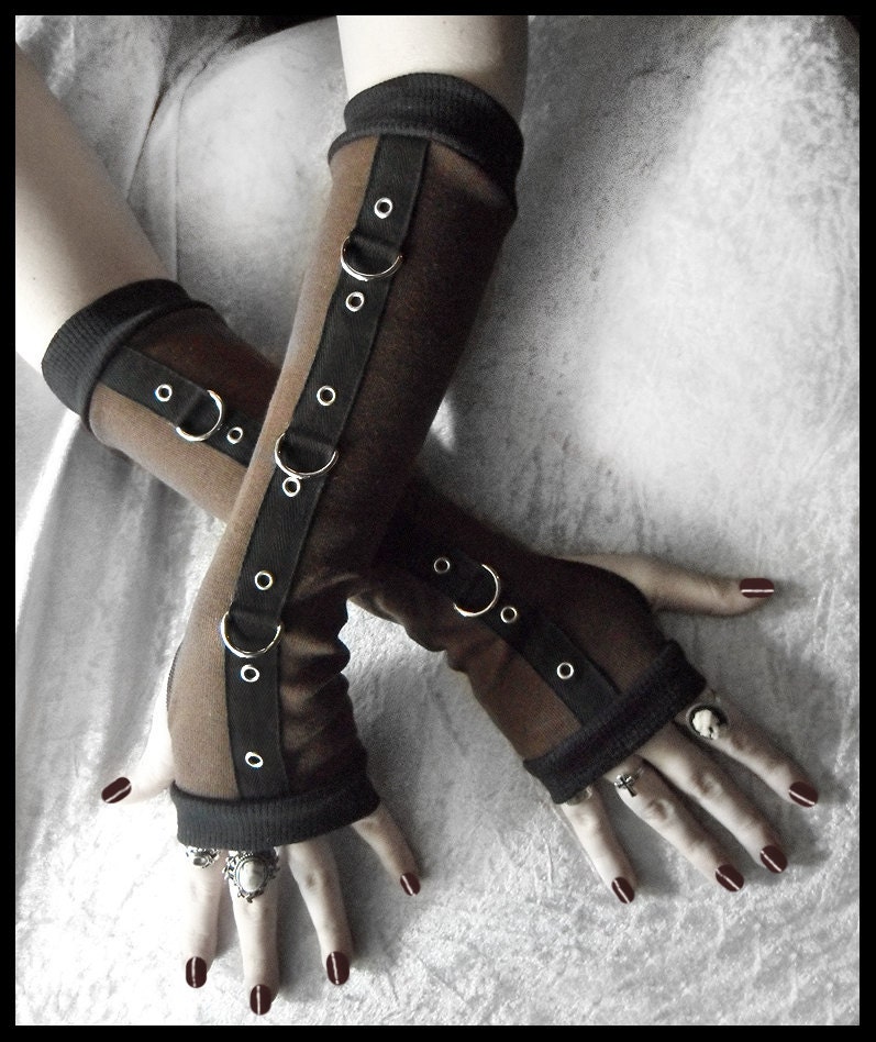 Gas Light Gothic Unisex Bondage Arm Warmers - Dark Brown - Silver Metal D Rings Black - Vampire Lolita Punk Goth Belly Dance Cyber