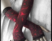 Crimson Bohemian Arm Warmers - Blood Red & Black Floral Paisley Mandela - Yoga Gothic Dark Tribal Bellydance Vampire Cycling Boho Gypsy Goth