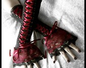 Blood and Wine Corset Laced Up Arm Warmers - Black - Burgundy / Dark Red Ribbon & Lace - Gothic Lolita EGL Rococo Wedding Emo Goth Fusion