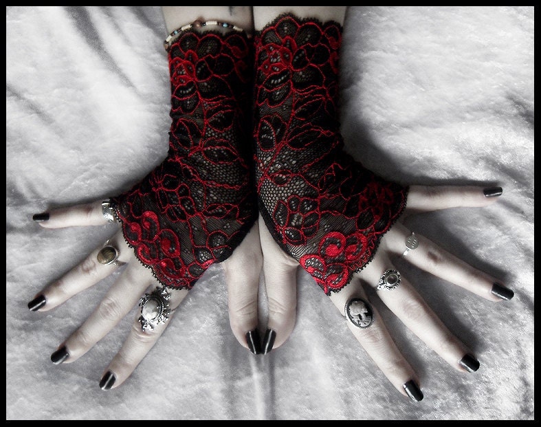 Celosia Lace Fingerless Gloves - Black Deep Red Metallic Embroidered Floral - Gothic Vampire Tribal Regency Bellydance Goth Fetish Mourning